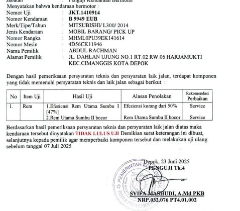 Hasil Uji kendaraan B 9949 EUB