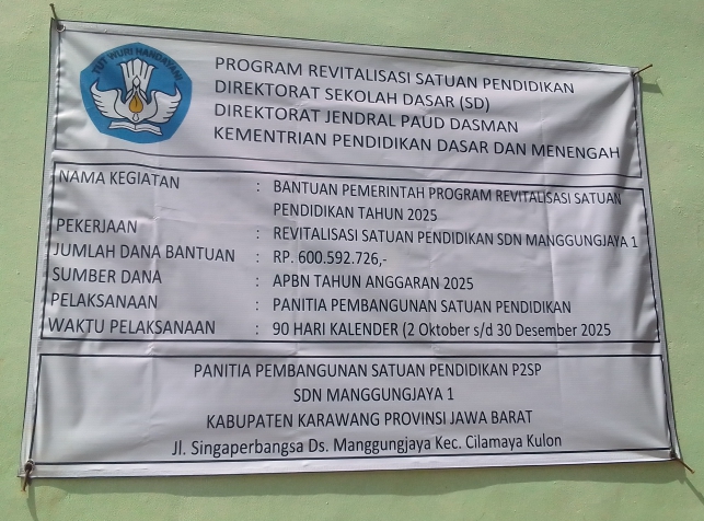 Diduga Pihak Ketiga Menggerogoti Proyek Revitalisasi SDN Manggung Jaya 1, Kepala Sekolah Terancam Sanksi Berat.